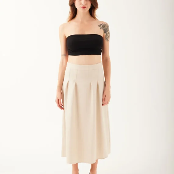 Kendinden Kemerli Pileli Midi Etek