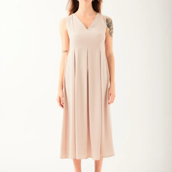 Krem - Heystil V Yaka Pileli Kadın Elbise