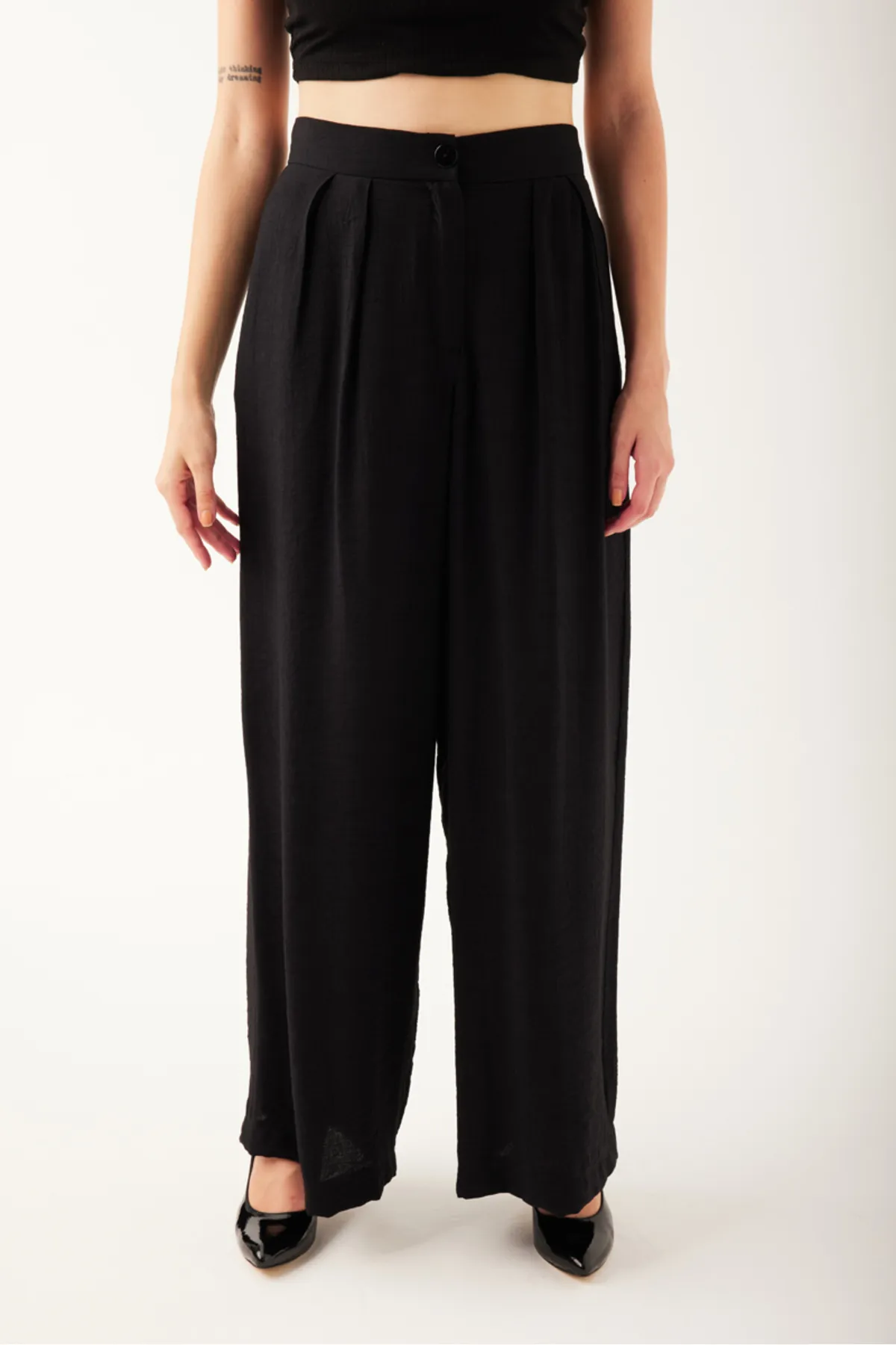 Krem - Heystil Pileli Kadın Palazzo Pantolon - Görsel 5